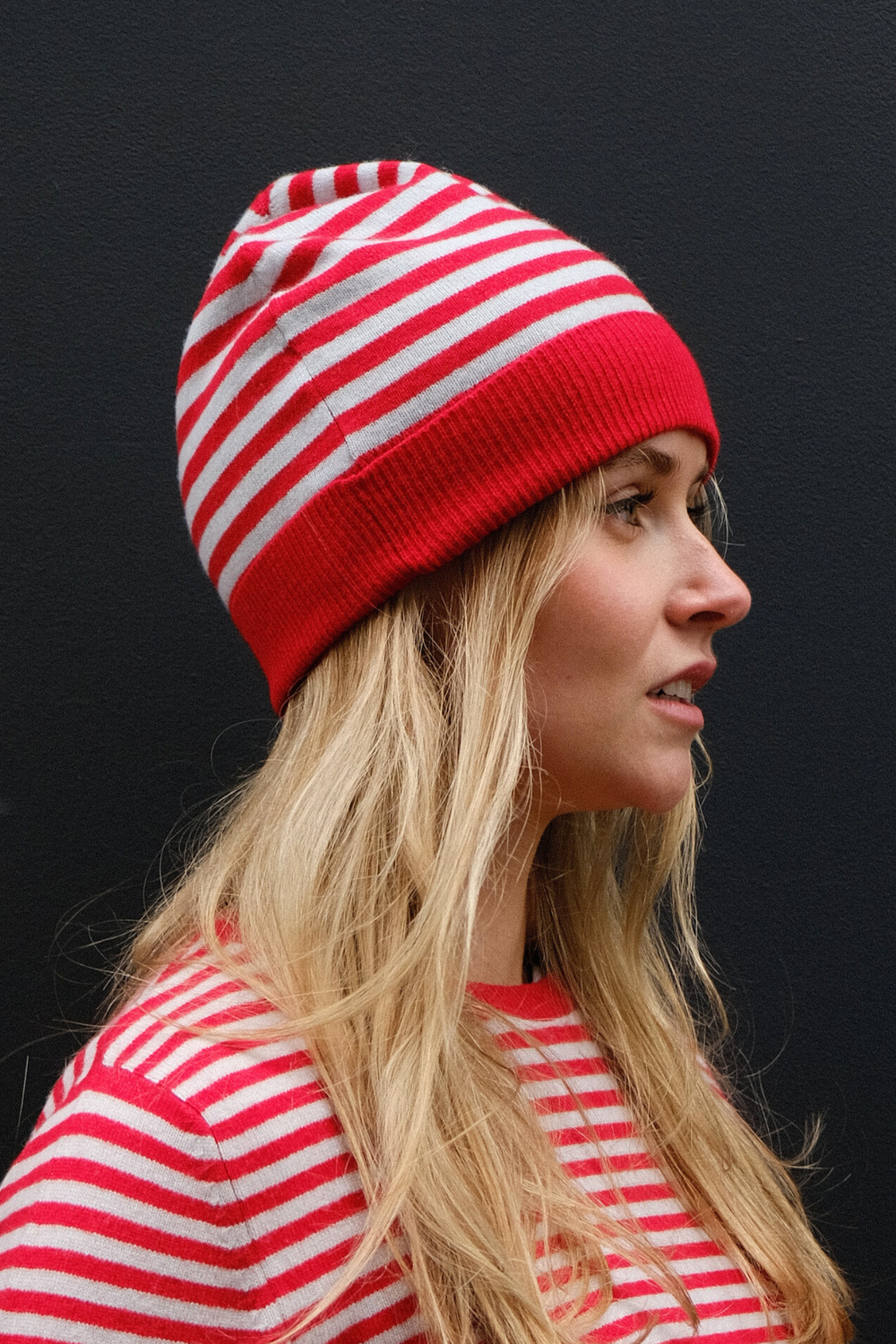 Red & Cloud Blue Striped Beanie